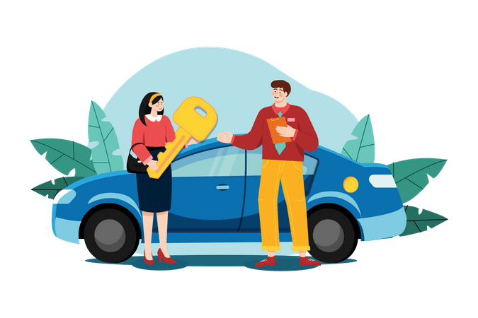young smiling woman getting key to a new car